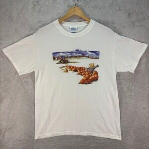 Vtg M&O Woman's White Pumpkin Patch Tractor Fall‎ Harvest Graphic T-Shirt Medium
